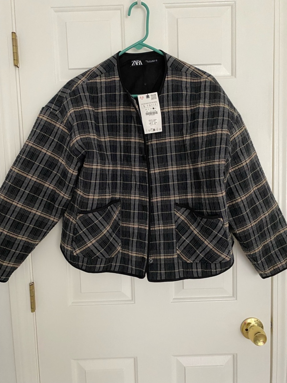 Zara Black and Gray Plaid Quilted Bomber Jacket